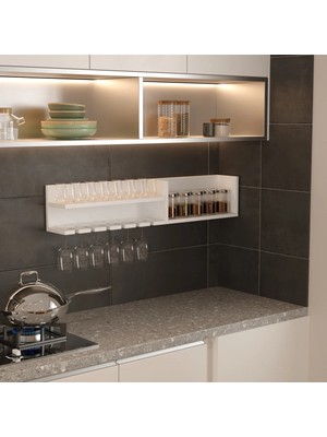 Klubeconcept Duvara Monte Şarap Kadehliği ve Baharat Rafı Beyaz Mdf Çok Amaçlı Raf Ünitesi