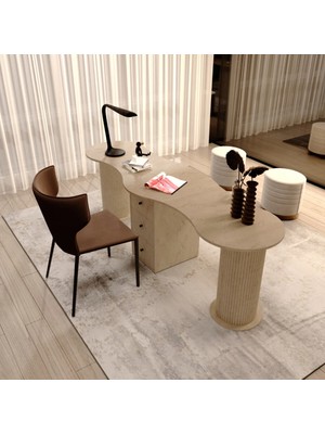 Klubeconcept Vera 2 Kişilik Traverten Görünümlü Fasulye Form Çalışma Masası Çekmeceli %100 Mdf Ofis Masası