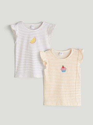 LC Waikiki Lcw Kids Mercan Bisiklet Yaka Çizgili Kız Çocuk Tişört 2'li