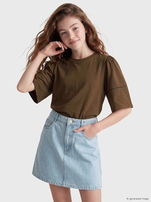 LC Waikiki Lcw Kids Kahverengi Bisiklet Yaka Kız Çocuk Tişört