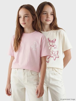 LC Waikiki Lcw Kids Ekru Baskılı Kız Çocuk Tişört 2'li