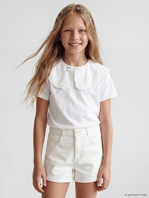 LC Waikiki Lcw Kids Ekru Bebe Yaka Fiyonklu Kız Çocuk Tişört