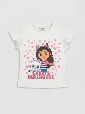 LC Waikiki Lcw Kids Beyaz Bisiklet Yaka Gabby's Dollhouse Baskılı Kız Çocuk Tişört
