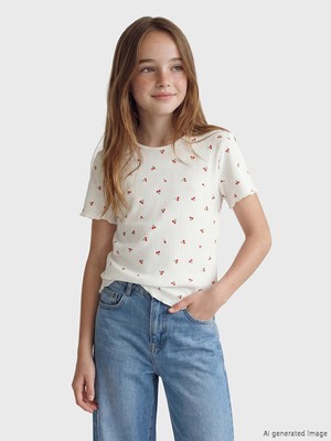 LC Waikiki Lcw Kids Ekru Kiraz Baskılı Kız Çocuk Fitilli Tişört