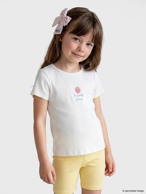 LC Waikiki Lcw Kids Beyaz Çilek Nakışlı Kız Çocuk Fitilli Tişört
