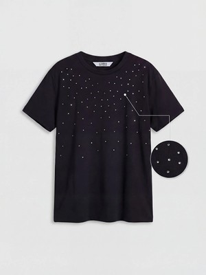 LC Waikiki Lcw Kids Siyah Bisiklet Yaka Taşlı Kız Çocuk Tişört