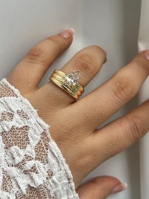 Busradan Design 14K Altın Kaplama Markiz Damla Taşlı Tektaş Yüzük – Zarif Kadın Yüzük – Şık Tasarım
