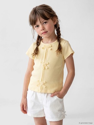 LC Waikiki Lcw Kids Sarı Bisiklet Yaka Fiyonk Detaylı Kız Çocuk Tişört