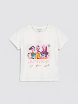 LC Waikiki Lcw Kids Ekru K-Pop Demon Hunters Baskılı Kız Çocuk Tişört