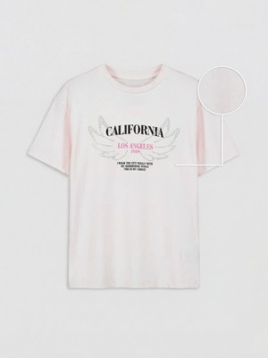LC Waikiki Lcw Kids Pembe Taşlı California Baskılı Kız Çocuk Tişört
