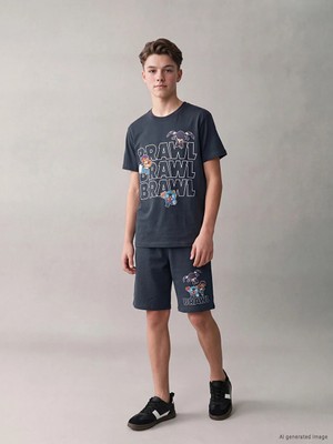LC Waikiki Lcw Kids Lacivert Bisiklet Yaka Brawl Stars Baskılı Erkek Çocuk Tişört