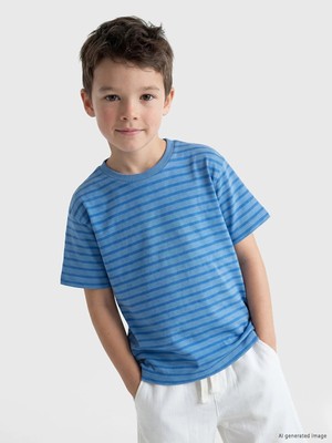 LC Waikiki Lcw Kids Mavi Bisiklet Yaka Çizgili Erkek Çocuk Tişört