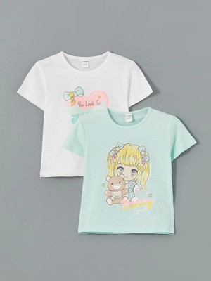 LC Waikiki Lcw Kids Turkuaz Anime Baskılı Fiyonklu Kız Çocuk Tişört 2'li