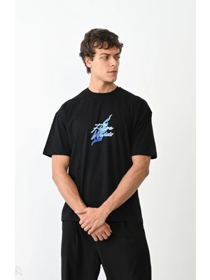 Erkek Kısa Kol Yazlık Tişört Bisiklet Yaka Baskılı Oversize T-Shirt - Siyah