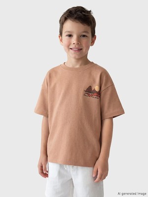 LC Waikiki Lcw Kids Kahverengi Bisiklet Yaka Baskılı Erkek Çocuk Tişört