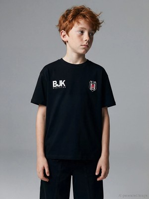 LC Waikiki Lcw Kids Siyah Bisiklet Yaka Beşiktaş Baskılı Erkek Çocuk Tişört