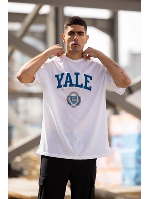 Erkek Kısa Kol Yazlık Tişört Bisiklet Yaka Yale Baskılı  T-Shirt - Beyaz