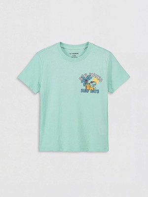 LC Waikiki Lcw Kids Yeşil Bisiklet Yaka Baskılı Erkek Çocuk Tişört