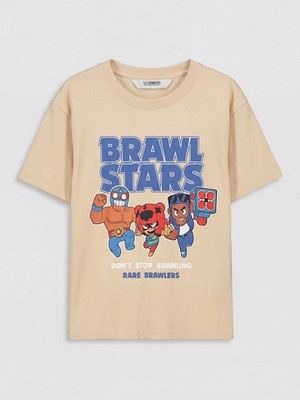 LC Waikiki Lcw Kids Bej Bisiklet Yaka Brawl Stars Baskılı Erkek Çocuk Tişört