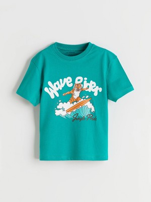 LC Waikiki Lcw Kids Yeşil Bisiklet Yaka Baskılı Erkek Çocuk Tişört