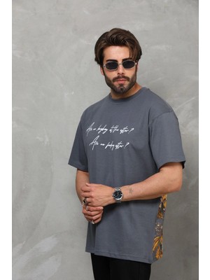 Medi Giyim Erkek Kısa Kol Yazlık Tişört Bisiklet Yaka Baskılı Oversize T-Shirt - Füme