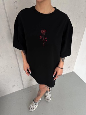 Kadın Bisiklet Yaka Baskılı Oversize  Kısa Kol T-Shirt - Siyah