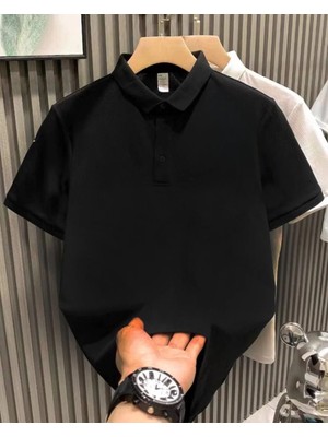 Medi Giyim Erkek Polo Yaka Tişört Düğmeli Pike Düz T-Shirt - Siyah