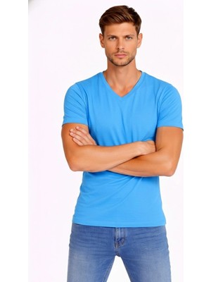 Erkek Body T-Shirt V Yaka Slim Fit Likralı Kısa Kol Tişört - Açık Mavi