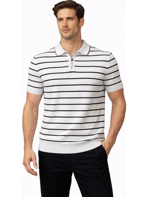 Erkek Triko Polo Yaka Fermuarlı Çizgili Tişört T-Shirt Yazlık Şık - Beyaz