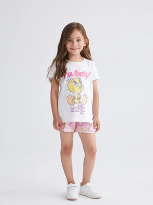 Lc Waikiki Yeni Sezon Bisiklet Yaka Tweety Baskılı Kız Çocuk Şortlu Pijama Takımı