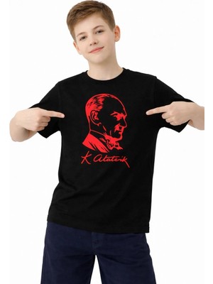 Erkek Çocuk Atatürk Baskılı Tişört Kısa Kollu Bisiklet Yaka T-Shirt - Siyah