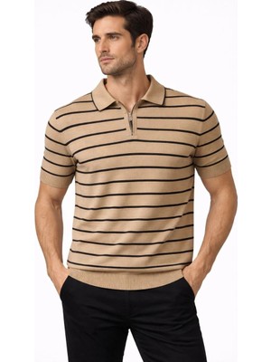 Erkek Triko Polo Yaka Fermuarlı Çizgili Tişört T-Shirt Yazlık Şık - Kahverengi