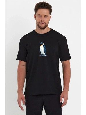 Medi Giyim Erkek T-Shirt Penguen Baskılı Bisiklet Yaka Kısa Kol Yazlık Tişört - Siyah
