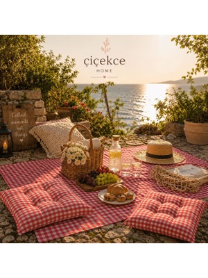 ÇİÇEKCE HOME Çiçekce Home Pötikare Çok Amaçlı Piknik Örtüsü - Sofra Bezi Set 170X170 1 Adet - Minder Seti 2 Adet Boncuk Silikonlu - 3 Lü Set