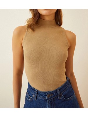 Medi Giyim Kadın Full Likralı Fitilli Kaşkorse Body - Camel
