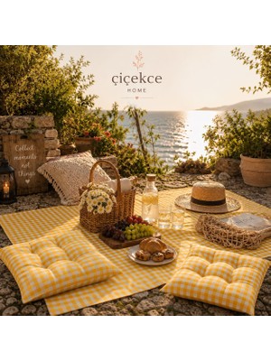 ÇİÇEKCE HOME Çiçekce Home Pötikare Çok Amaçlı Piknik Örtüsü - Sofra Bezi Set 170X170 1 Adet - Minder Seti 2 Adet Boncuk Silikonlu - 3 Lü Set