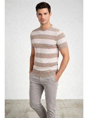 Erkek T-Shirt Çizgili Triko  Kısa Kol Yazlık Dokuma Bisiklet Yaka Tişört - Bej