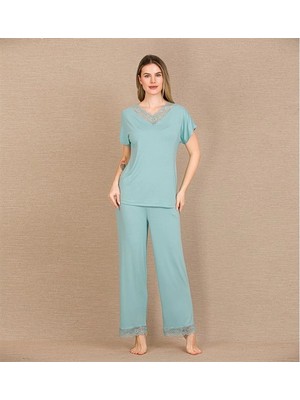 Aria's Closet Arias Closet Viskon Şık Tasarım Dantel Işlemeli Mint Yeşil Kısa Kol Pijama Takımı