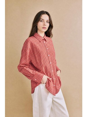 DeFacto Relax Fit Kareli Kırışık Dokulu Kumaş Uzun Kollu Kırmızı Tunik H4730AX26SM