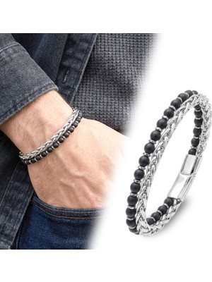 Kuşkaya Ticaret Çelik Zincirli Mat Oniks ve Silver Hematit Erkek Bileklik - 21 cm