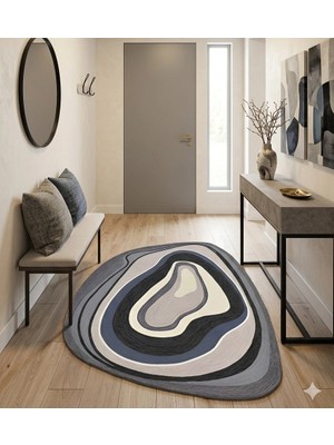 BLG Home Gri Mavi Bantlı Amorf Asimetrik Kesim Dijital Baskı Halı 8002