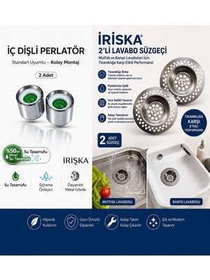 irişka İrişka Krom Malzemeden Üretilen İç Dişli Musluk Ucu ve Lavabo Süzgeçi 2'li Set