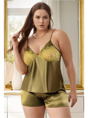 QKK Kadın Büyük Beden Haki Saten Şortlu Pijama Takımı Dantelli