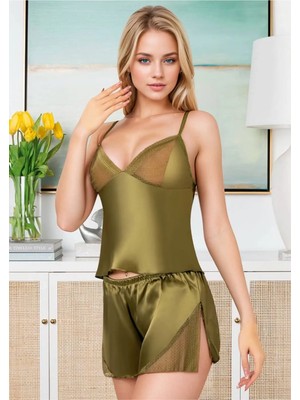 QKK Kadın Haki Yeşil Saten Şortlu Pijama Takımı Dantel Panelli Askılı Ev Giyimi