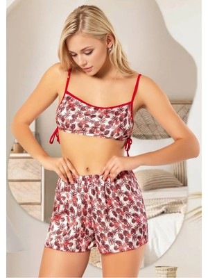 QKK Kadın Kırmızı Çiçek Desenli Saten Şortlu Pijama Takımı