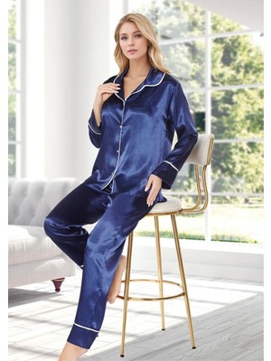 QKK Lacivert Biyeli Saten Pijama Takımı