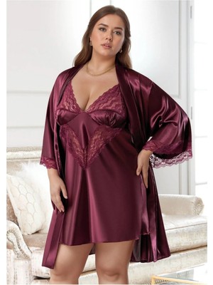 QKK Büyük Beden Saten Gecelik Sabahlık Takımı - Mürdüm Dantel Detaylı 2'li Plus Size
