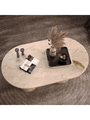Klubeconcept Bohem Traverten Desenli Oval Orta Sehpa - Silindirik Ayak Tasarımı 100% Mdf
