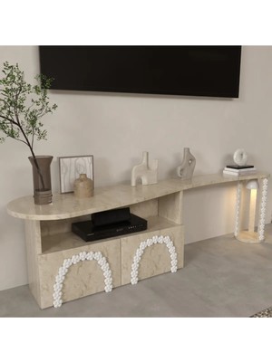 Klubeconcept %100 Mdf Traverten Desenli KIŞIYE160 cm Özel Ponpon Detaylı Tv Ünitesi Özel Tasarım