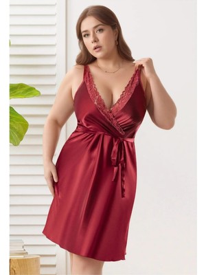 QKK Kadın Bordo Büyük Beden Saten Gecelik - Dantel Işlemeli Plus Size Gecelik